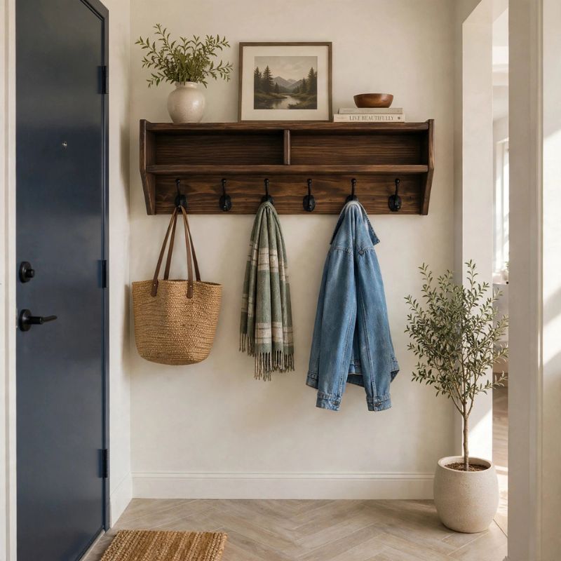 Perchero de Pared con Estante de Madera Maciza | Organizador para Recibidor con Ganchos