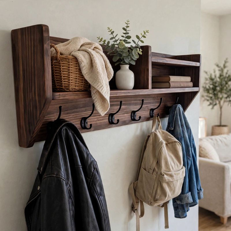 Perchero de Pared con Estante de Madera Maciza | Organizador para Recibidor con Ganchos