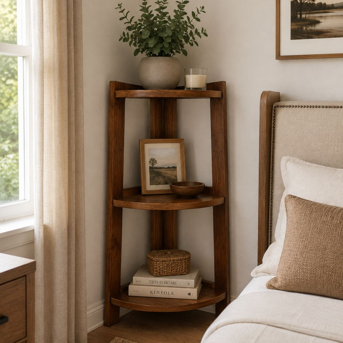 Estantería Esquinera de Madera Sólida | Organizador de 3 Niveles para Sala, Dormitorio y Espacios Pequeños