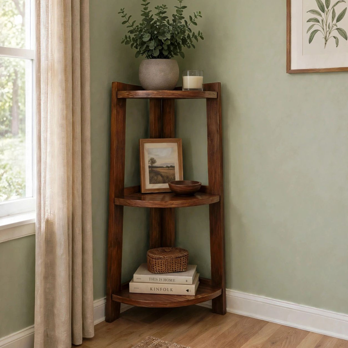 Estantería Esquinera de Madera Sólida | Organizador de 3 Niveles para Sala, Dormitorio y Espacios Pequeños