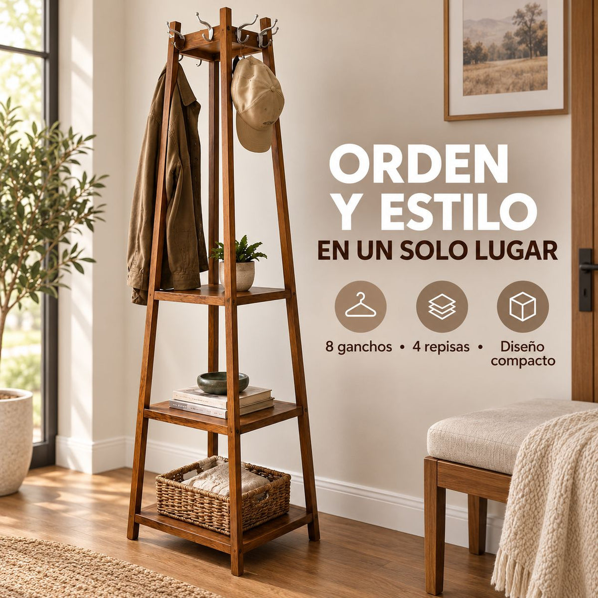 Perchero de Piso de Madera con Repisas y Ganchos | Organizador