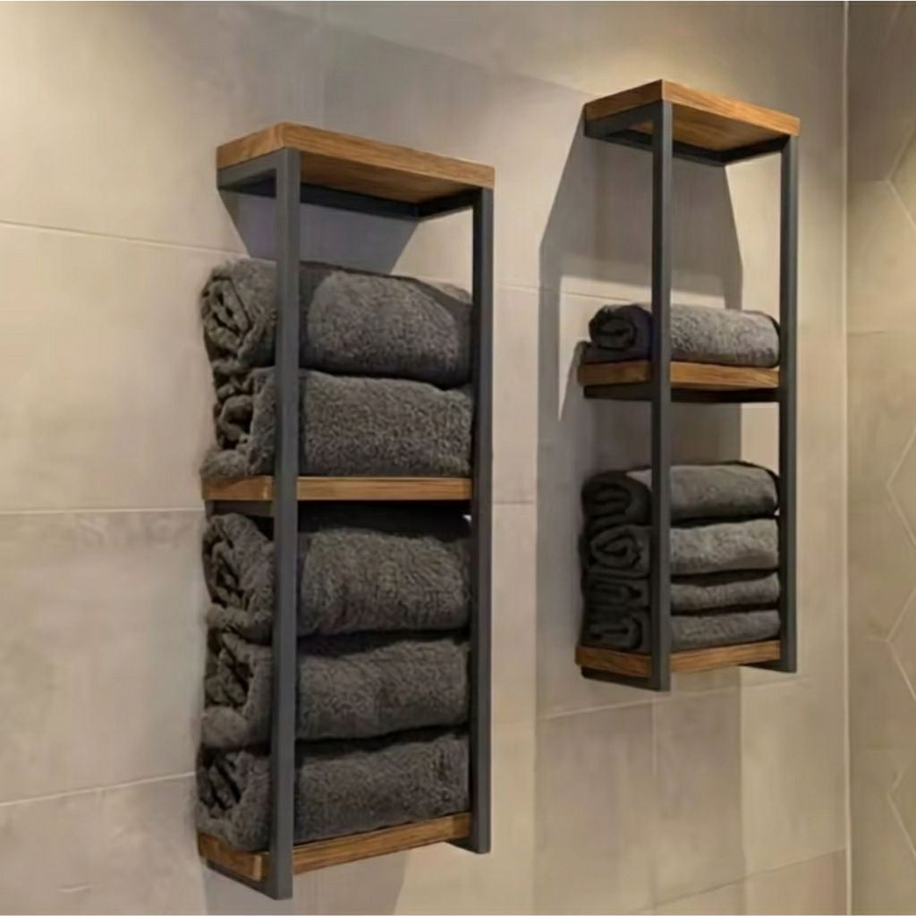 Toallero de madera y metal para baño, organizador compacto y resistente