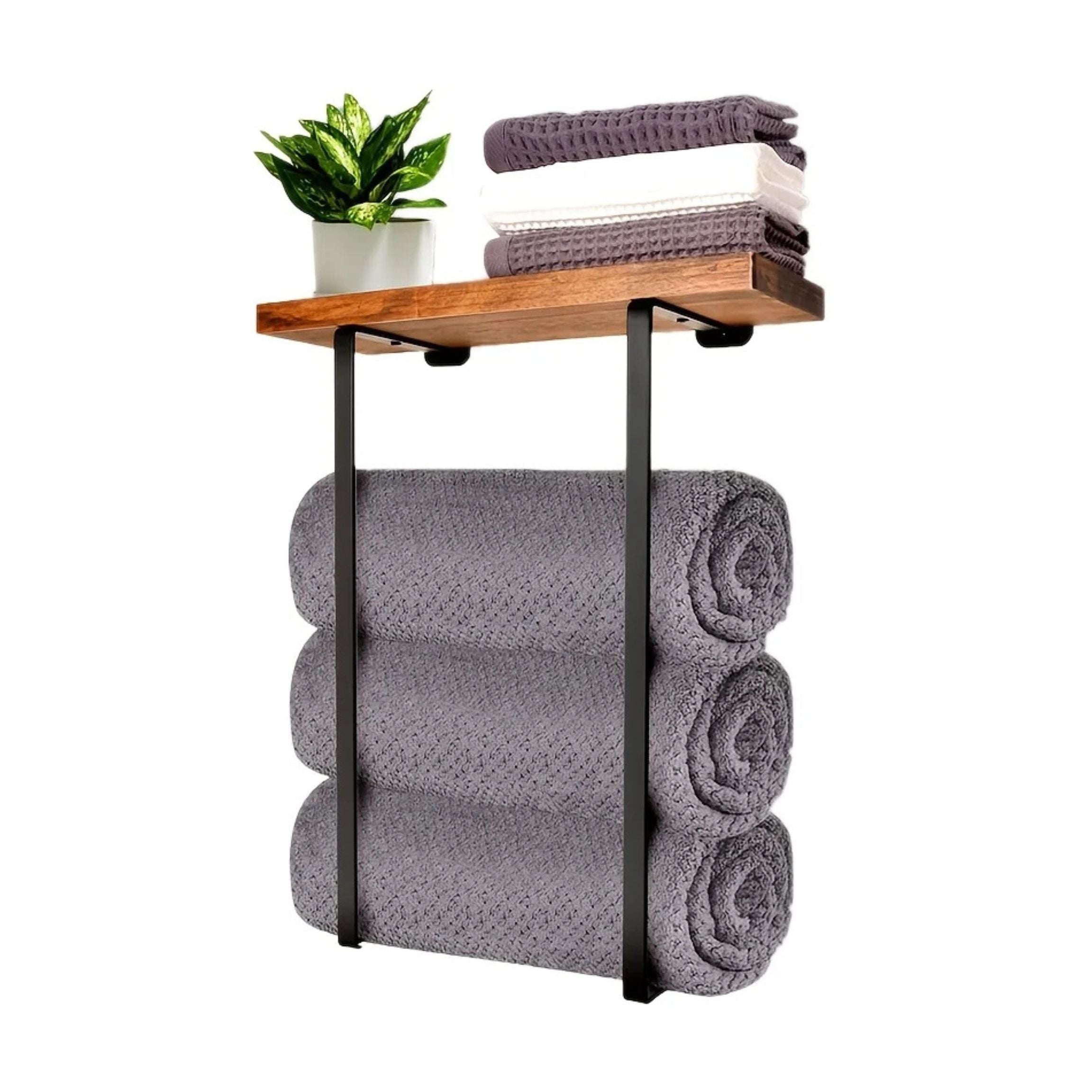 Toallero con estante de madera, soporte de metal negro que ahorra espacio para baño, organizador compacto y resistente