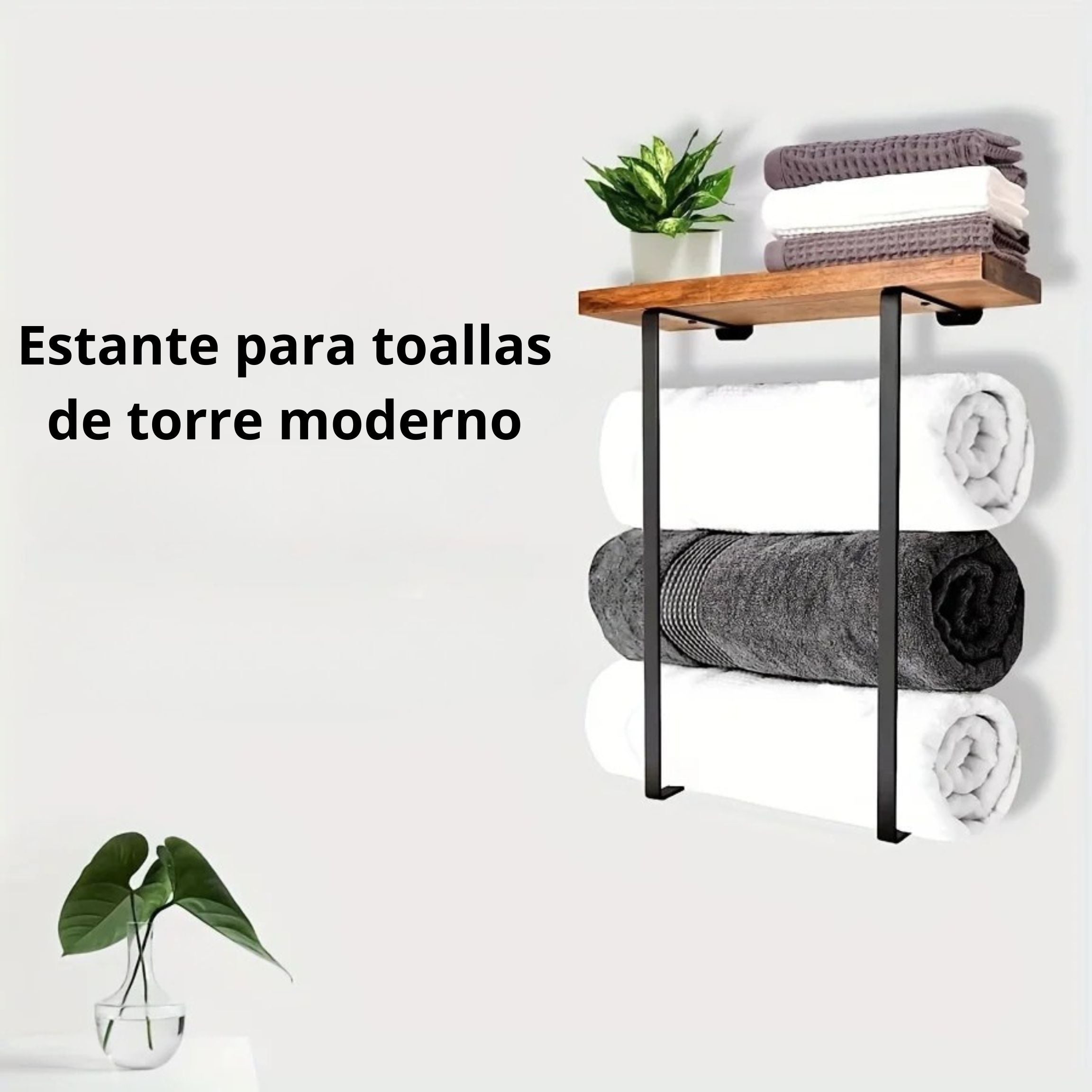 Toallero con estante de madera, soporte de metal negro que ahorra espacio para baño, organizador compacto y resistente
