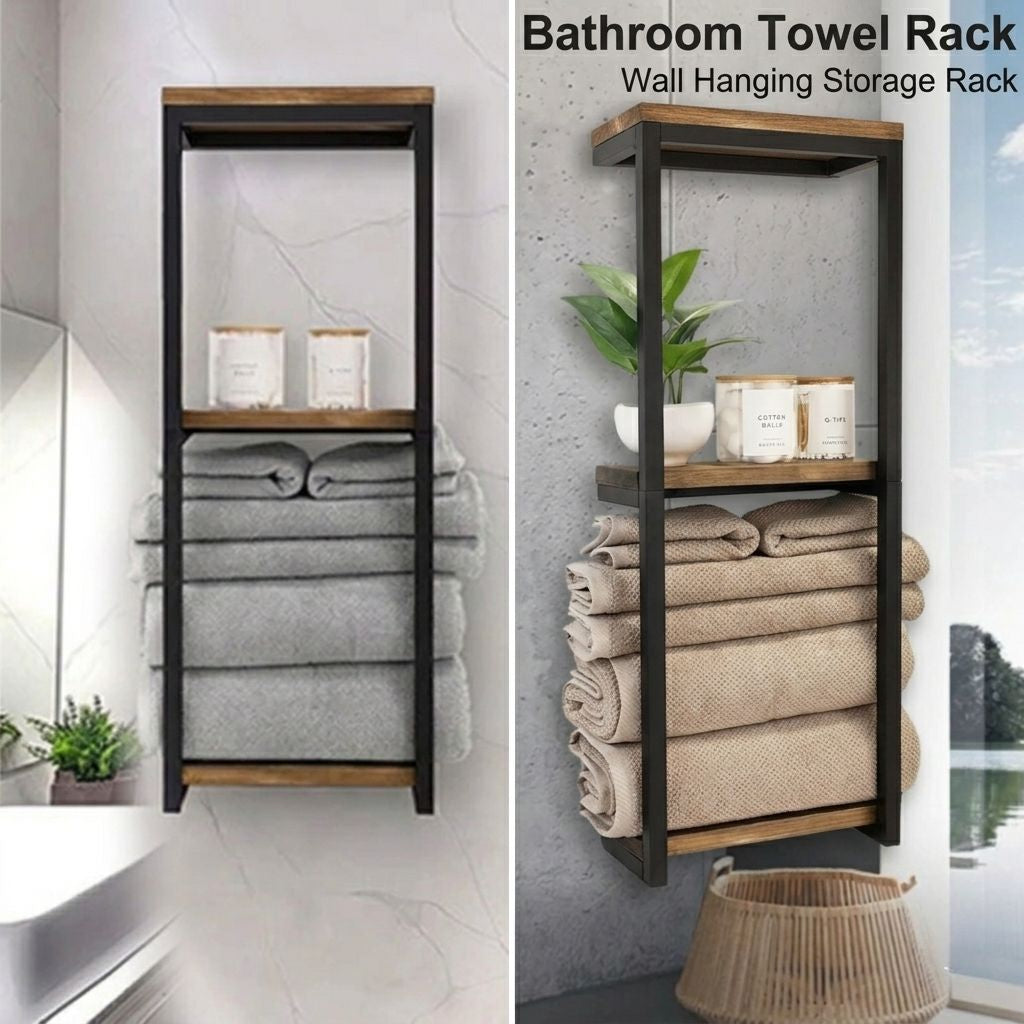 Toallero de madera y metal para baño, organizador compacto y resistente
