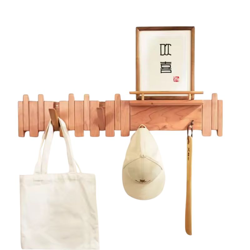 Perchero de madera maciza con forma de piano y estante