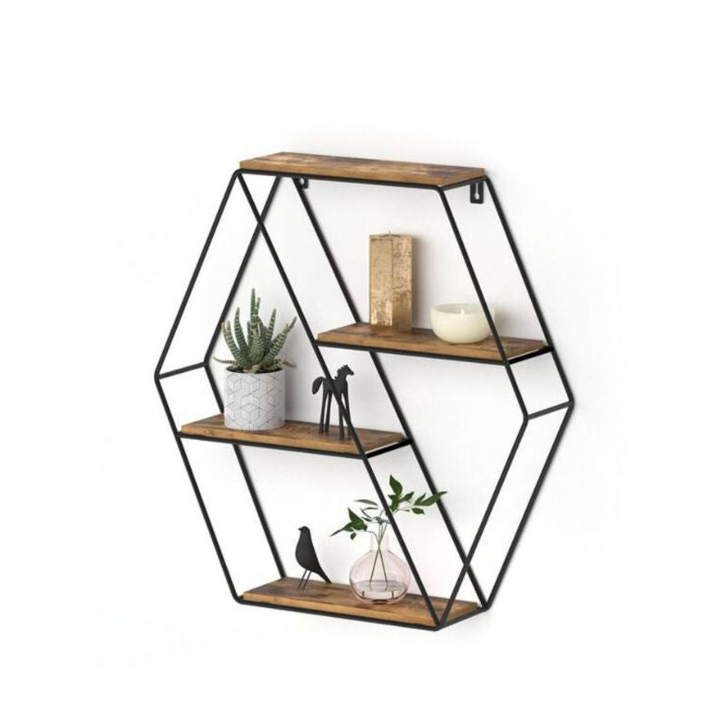 Estante Flotante De Pared Hexagonal 4 Repisas De Madera Negro