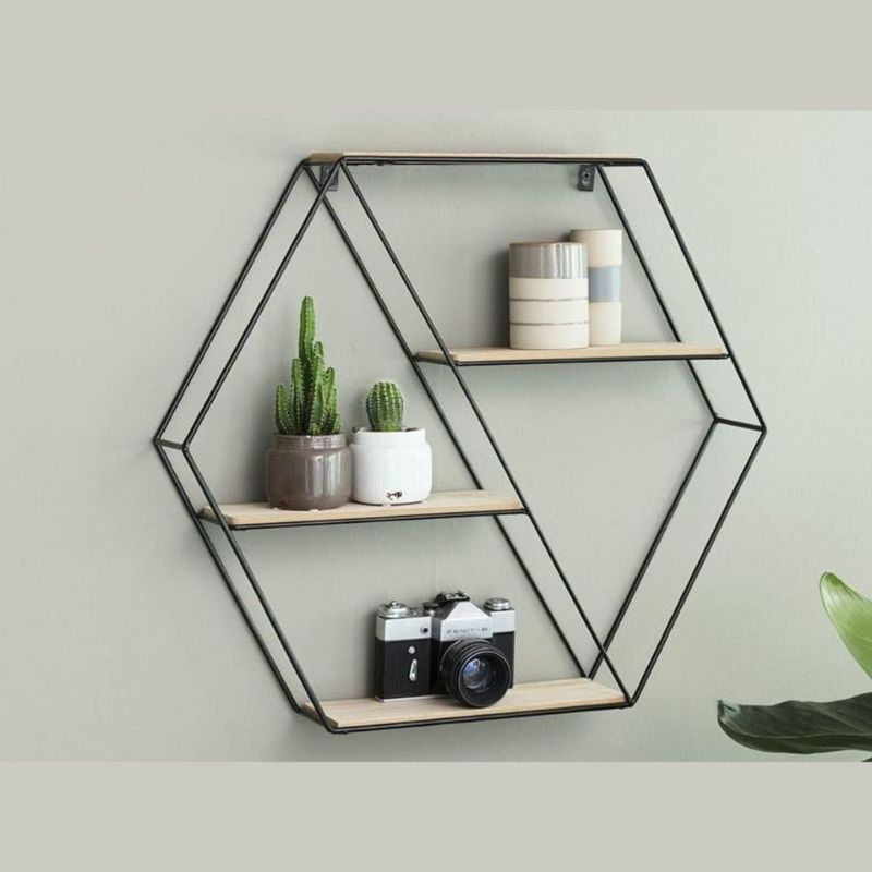 Estante Flotante De Pared Hexagonal 4 Repisas De Madera Negro