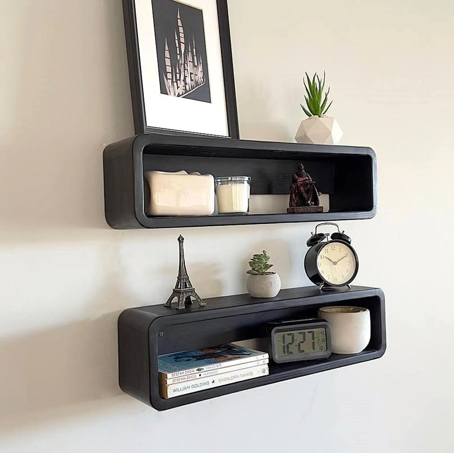 Set de 2 Estantes Flotantes de Madera Curvada Hechos a Mano | Estantería Decorativa para Pared
