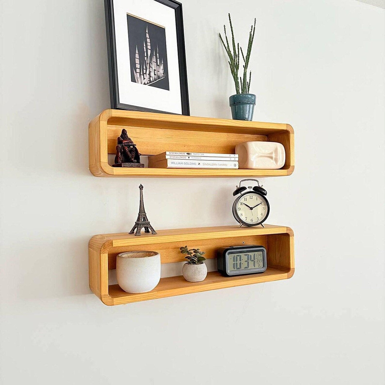 Set de 2 Estantes Flotantes de Madera Curvada Hechos a Mano | Estantería Decorativa para Pared