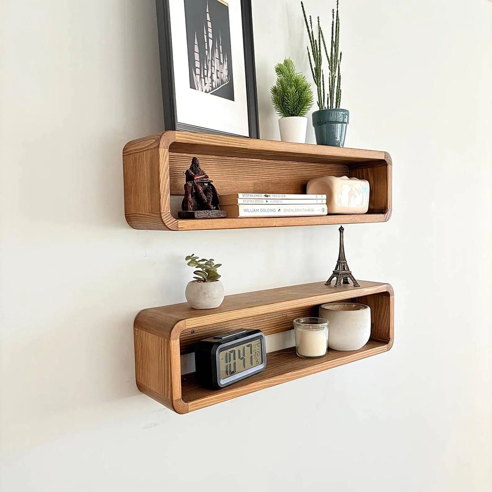 Set de 2 Estantes Flotantes de Madera Curvada Hechos a Mano | Estantería Decorativa para Pared